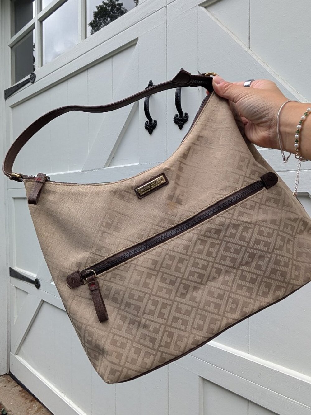 Tommy Hilfiger Beige Brown Monogram Jacquard Canvas Hobo Shoulder Bag